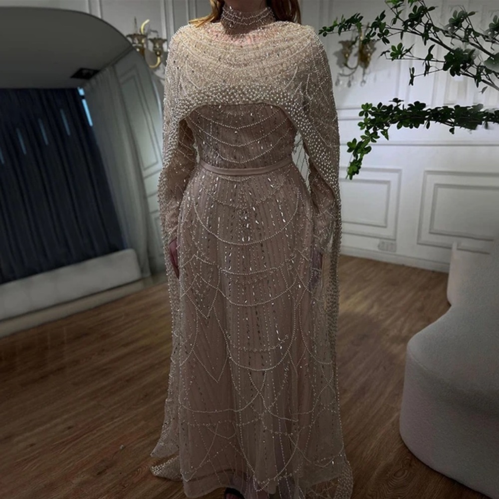 Dubai Arabia  Nude Mermaid  Long  Cape Luxury Evening Dresses Gowns
